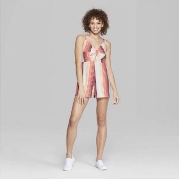 WILD FABLE | Colorful Striped Romper Twist Knot Cut Out Front Women’s Size M - Picture 2 of 11